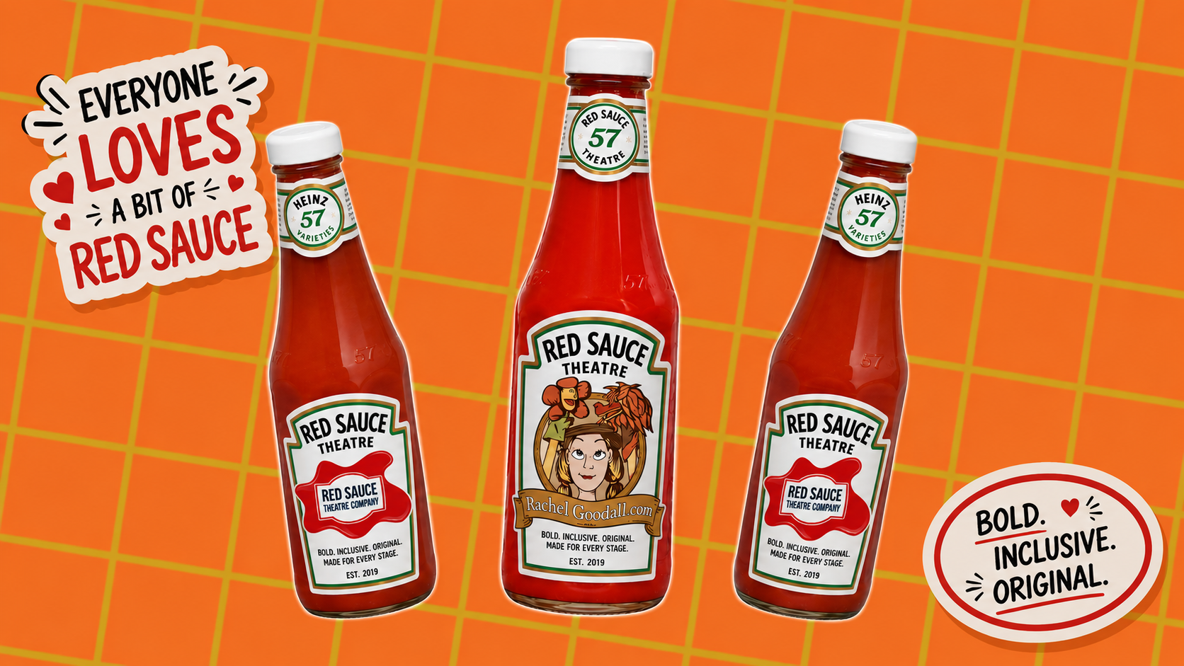 Red Sauce Theatre promotional artwork with theatre sauce bottles.